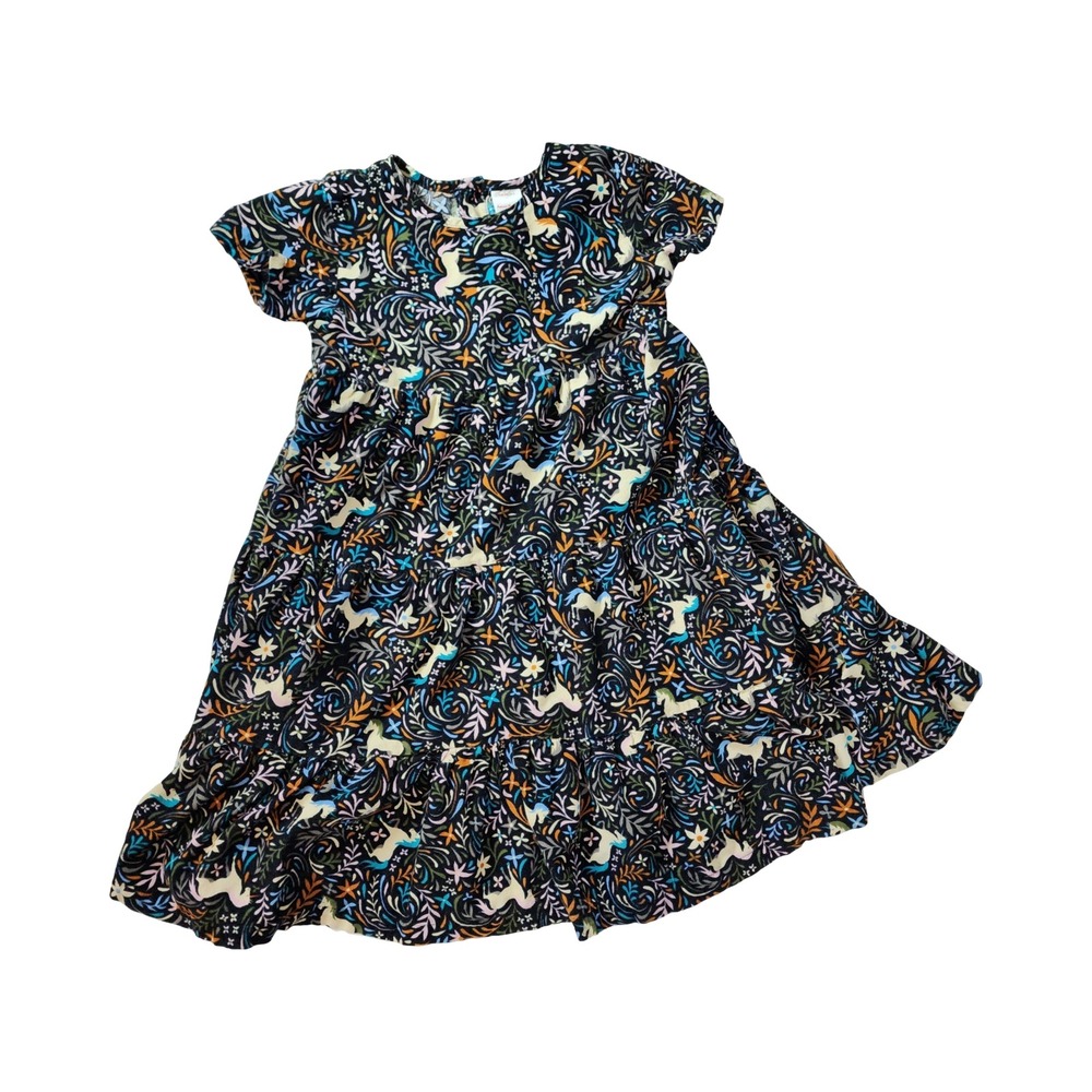 Hanna‎ Andersson Girls Size 8 130cm Unicorn Floral Corduroy Tiered Dress Navy